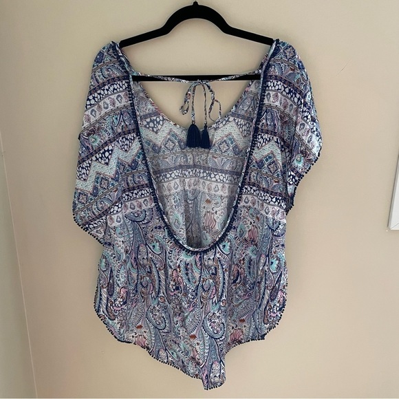 VICTORIA Secret Paisley Boho Print Tassel Pom Pom Trim SwimSuit Coverup Size L - Picture 3 of 11